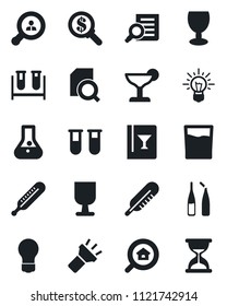 Set of vector isolated black icon - document search vector, bulb, blood test vial, thermometer, ampoule, fragile, torch, estate, client, wine card, drink, cocktail, money, idea, flask, sand clock