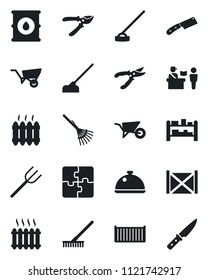 Set of vector isolated black icon - passport control vector, farm fork, rake, wheelbarrow, pruner, hoe, cargo container, oil barrel, rack, application, heater, dish, knife