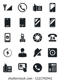 Set of vector isolated black icon - phone vector, mobile, office, 24 hours, cell, radio, back, camera, mute, cellular signal, charge, support, home control app, combination lock