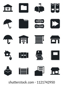 Set of vector isolated black icon - automatic door vector, umbrella, shop, book, container, package, fast forward, folder, copybook, document, mailbox, open close, home control, jalousie, storefront