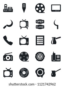 Set of vector isolated black icon - stamp vector, sickle, plant label, reel, vinyl, radio, tv, phone, call, abacus, office, open close, turkish coffee