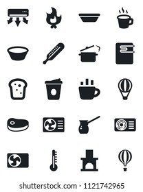 Set of vector isolated black icon - coffee vector, fire, fireplace, thermometer, air conditioner, bread, steak, bowl, steaming pan, turkish, water heater, balloon