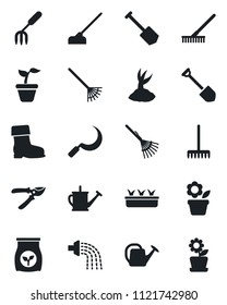 Set of vector isolated black icon - job vector, flower in pot, garden fork, rake, seedling, watering can, sproute, pruner, boot, hoe, sickle, fertilizer