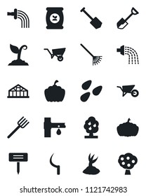 Set of vector isolated black icon - job vector, shovel, farm fork, rake, wheelbarrow, watering, sproute, sickle, plant label, pumpkin, greenhouse, seeds, fertilizer, drip irrigation, fruit tree