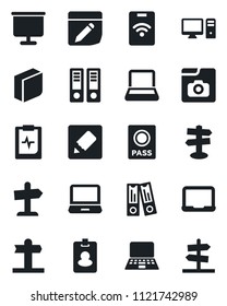 Set of vector isolated black icon - passport vector, office binder, notebook pc, pulse clipboard, signpost, laptop, notes, photo gallery, presentation board, blank box, pass card, guidepost