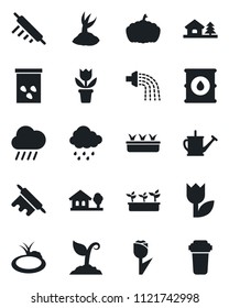 Set of vector isolated black icon - flower in pot vector, watering can, sproute, seedling, rain, pumpkin, seeds, pond, tulip, oil barrel, house with tree, rolling pin, water filter