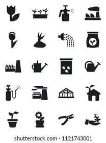 Set of vector isolated black icon - factory vector, seedling, watering can, sproute, pruner, greenhouse, seeds, garden sprayer, fertilizer, tulip, flower in pot, eco house, palm