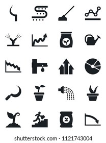 Set of vector isolated black icon - seedling vector, watering can, sproute, hoe, sickle, fertilizer, drip irrigation, pie graph, point, career ladder, arrow up, growth, crisis