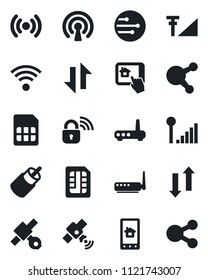 Set of vector isolated black icon - satellite vector, share, rca, sim, network, data exchange, cellular signal, wireless, lock, router, home control app, social media