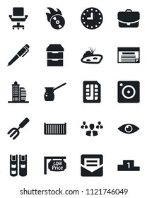 Set of vector isolated black icon - garden fork vector, eye, cargo container, clock, flame disk, archive chest, mobile camera, mail, sim, office chair, book, pen, pond, low price signboard, building