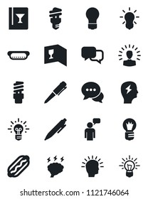 Set of vector isolated black icon - speaking man vector, pen, brainstorm, bulb, dialog, wine card, hot dog, energy saving, shining head, idea
