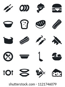 Set of vector isolated black icon - spoon and fork vector, cafe, salad, plates, bacon, waiter, bread, chicken, steak, kebab, hamburger, ladle, bowl, rolling pin, sushi, cheese