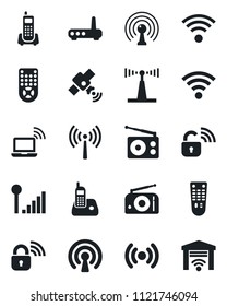 Set of vector isolated black icon - antenna vector, wireless notebook, office phone, radio, satellite, remote control, cellular signal, lock, router, garage gate