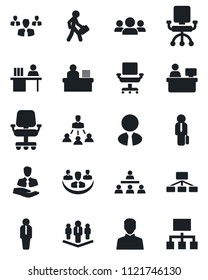 Set of vector isolated black icon - manager vector, place, client, user, company, office chair, desk, hierarchy, estate agent, group