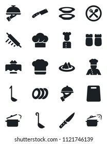 Set of vector isolated black icon - cook vector, restaurant table, serviette, cafe, hat, plates, waiter, salt and pepper, ladle, rolling pin, cutting board, knife, steaming pan