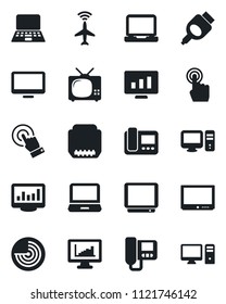 Set of vector isolated black icon - plane radar vector, notebook pc, statistic monitor, tv, touch screen, laptop, hdmi, statistics, intercome