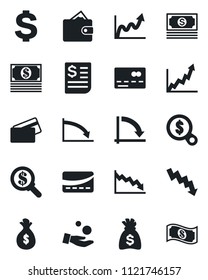 Set of vector isolated black icon - credit card vector, dollar sign, money bag, crisis graph, cash, receipt, wallet, growth, search, investment