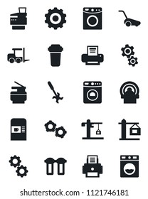 Set of vector isolated black icon - coffee machine vector, washer, fork loader, gear, lawn mower, ripper, tomography, printer, copier, crane, water filter