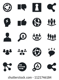 Set of vector isolated black icon - female vector, team, brainstorm, network, share, group, finger up, down, user, company, consumer search, social media
