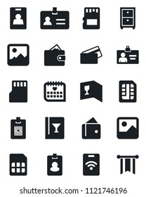 Set of vector isolated black icon - identity vector, card, medical calendar, gallery, sd, sim, archive box, wine, credit, pass, wallet, pennon