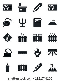 Set of vector isolated black icon - fire vector, hose, fireplace, thermometer, heater, air conditioner, candle, water, smoke detector, radiator, warm floor