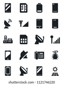 Set of vector isolated black icon - satellite antenna vector, mobile phone, virus, cell, low battery, back, sim, mute, cellular signal, office, sun panel