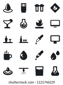 Set of vector isolated black icon - hot cup vector, water drop, dropper, flammable, monitor, alcohol, drink, cocktail, filter, sprinkler, flask