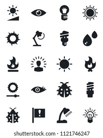 Set of vector isolated black icon - sun vector, bulb, lady bug, fire, eye, important flag, brightness, desk lamp, water, energy saving, shining head, idea