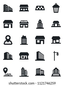 Set of vector isolated black icon - taxi vector, shop, office building, garden light, navigation, store, city house, cafe, storefront