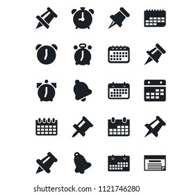 Set of vector isolated black icon - alarm clock vector, drawing pin, calendar, term, paper, bell, schedule