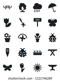 Set of vector isolated black icon - umbrella vector, sun, flower in pot, ripper, tree, butterfly, lady bug, seedling, rain, plant label, picnic table, tulip