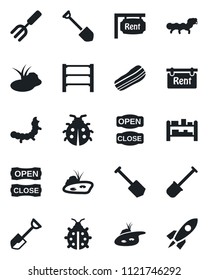 Set of vector isolated black icon - job vector, garden fork, shovel, lady bug, caterpillar, pond, rack, rent, bacon, open close, rocket