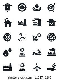 Set of vector isolated black icon - factory vector, bird house, target, sun panel, windmill, eco, water, palm sproute