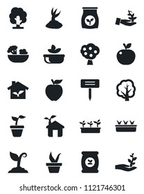 Set of vector isolated black icon - seedling vector, tree, sproute, plant label, fertilizer, fruit, salad, apple, eco house, palm