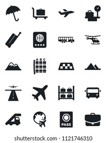 Set of vector isolated black icon - plane vector, runway, taxi, suitcase, baggage trolley, airport bus, umbrella, passport, ladder car, helicopter, seat map, luggage storage, scales, globe, case