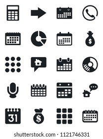 Set of vector isolated black icon - right arrow vector, calendar, circle chart, microphone, menu, calculator, phone, home message, money bag