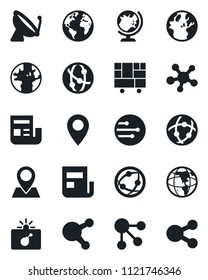 Set of vector isolated black icon - satellite antenna vector, bomb in case, globe, earth, pin, consolidated cargo, network, share, news, social media
