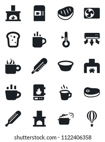 Set of vector isolated black icon - hot cup vector, coffee machine, fireplace, thermometer, air conditioner, bread, steak, bowl, steaming pan, water heater, balloon