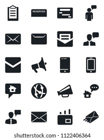 Set of vector isolated black icon - mobile phone vector, speaking man, mail, loudspeaker, network, cell, speaker, clipboard, reserved, home message, schedule