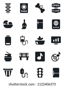 Set of vector isolated black icon - passport vector, pennant, statistic monitor, bench, dropper, broken bone, traffic light, low battery, themes, music, copier, salad, open close, fridge