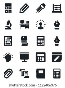 Set of vector isolated black icon - contract vector, calculator, abacus, desk, pencil, microscope, notes, copybook, presentation board, paper clip, ink pen, book, shining head
