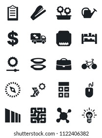 Set of vector isolated black icon - dollar sign vector, calculator, mouse, watering can, molecule, bike, sorting, rack, hdmi, brightness, compass, clipboard, case, stapler, moving, flower in pot