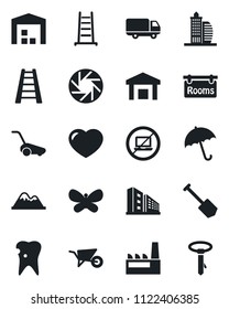 Set of vector isolated black icon - umbrella vector, no laptop, job, ladder, wheelbarrow, lawn mower, butterfly, caries, car delivery, warehouse, heart, mobile camera, mountains, rooms, factory, tie