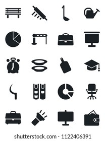 Set of vector isolated black icon - barrier vector, alarm clock, office chair, graduate, circle chart, watering can, sickle, bench, torch, case, presentation board, pie graph, book, plates, ladle