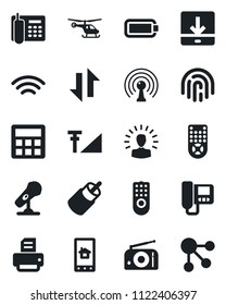 Set of vector isolated black icon - helicopter vector, printer, microphone, radio, antenna, remote control, rca, calculator, data exchange, download, wireless, fingerprint id, cellular signal