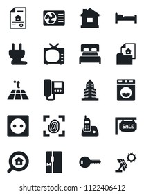 Set of vector isolated black icon - bed vector, house, tv, radio phone, office building, estate document, sale, search, key, bedroom, fridge, socket, power plug, fingerprint, air conditioner, washer