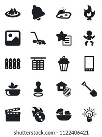 Set of vector isolated black icon - baby vector, stamp, flight table, job, lawn mower, fire, clapboard, flame disk, favorites list, mobile, gallery, bell, pond, fence, estate insurance, serviette