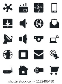Set of vector isolated black icon - satellite antenna vector, wireless notebook, house, earth, video camera, network, touch screen, share, mail, stop button, mobile, download, application, router
