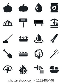 Set of vector isolated black icon - job vector, farm fork, ripper, tree, watering, saw, lady bug, seedling, water drop, well, hoe, plant label, bench, pumpkin, greenhouse, fertilizer, salad