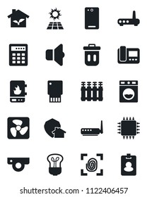 Set of vector isolated black icon - phone back vector, chip, eco house, fingerprint, fan, water heater, router, web camera, intercome, washer, radiator, bulb, sound, home protect, trash bin